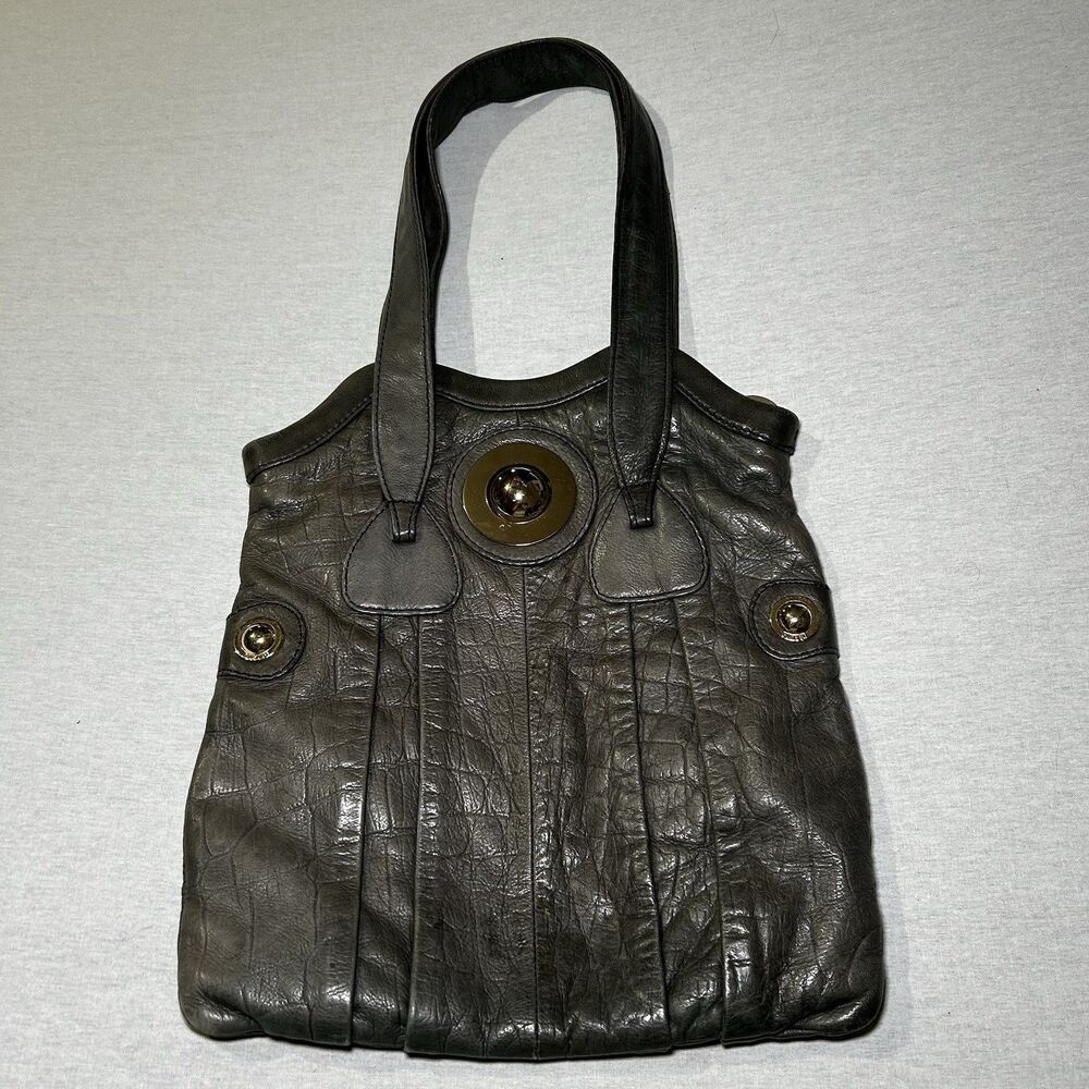 Vintage Gussto Gray Leather Shoulder Bag with Gold Accents